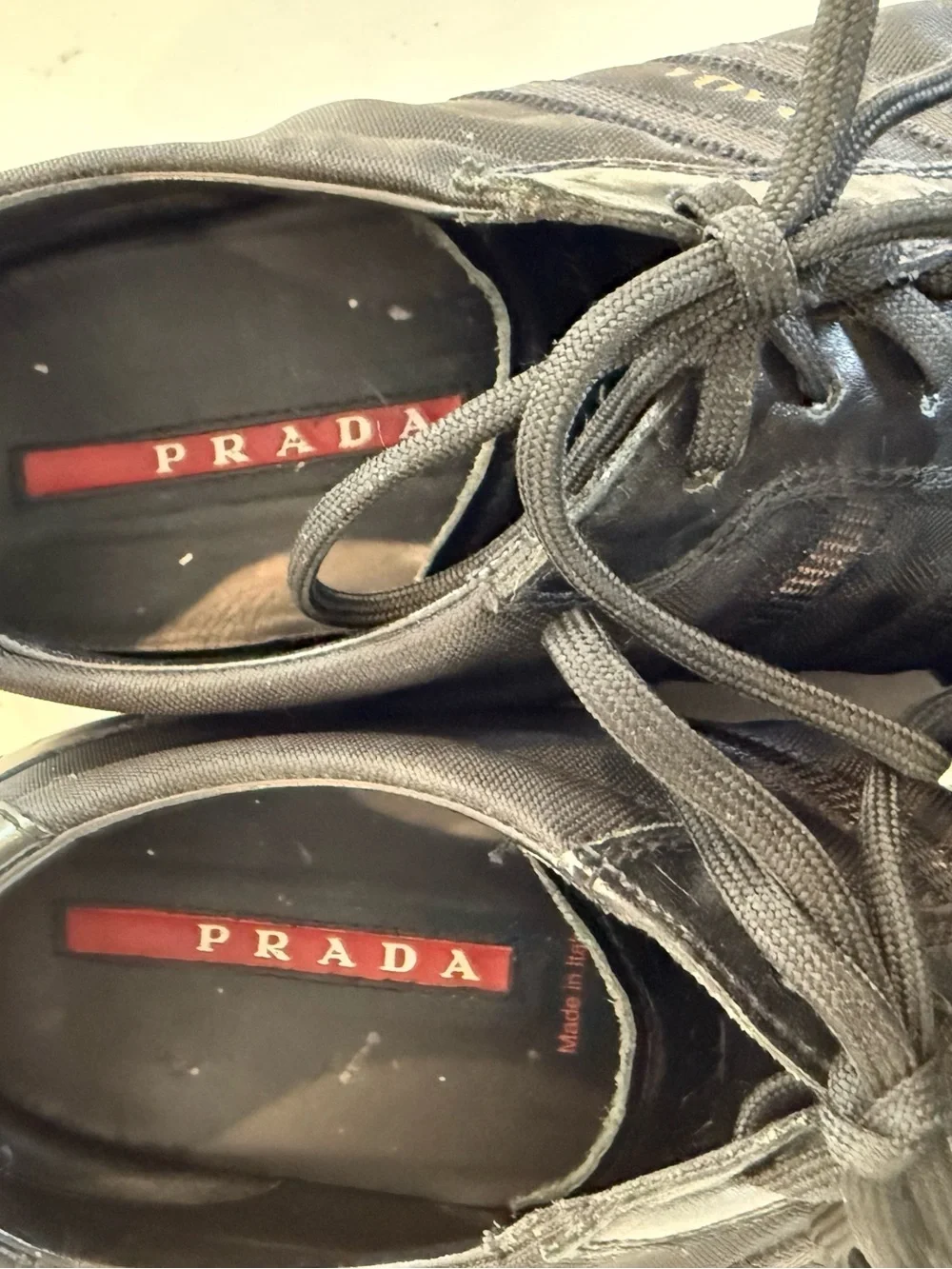 PRADA Men's Black Leather/Canvas Sneakers Size 8.5 EU